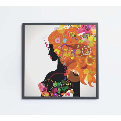 Quadro Decorativo Mulher Colorida Quadrado 80x80CM Tecido Canvas Moldura Preto