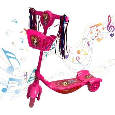 Patinete Infantil 3 Rodas Dobrável com Som Luz Cestinha Rosa