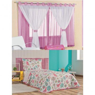 Kit Cortina e Colcha Matelada Coruja Solteiro 3 Peças Poliéster Rosa
