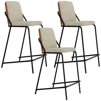 Kit 03 Banquetas Altas Loft C01 Aço Bouclê Vanilla e Courino Caramelo Lyam Decor