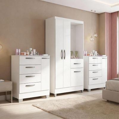 Kit Guarda Roupa Atlas 3 Portas de Bater 9 Gavetas com Espelho MDP Branco