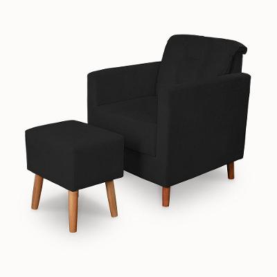 Kit Poltrona Angelina e Puff Suede Pés Palito Preto Ki Barato Móveis
