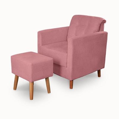 Kit Poltrona Angelina e Puff Suede Pés Palito Rosa Ki Barato Móveis