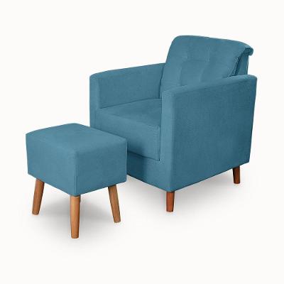 Kit Poltrona Angelina e Puff Suede Pés Palito Azul Claro Ki Barato Móveis