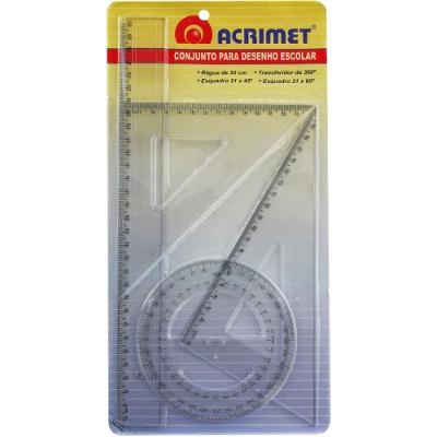 Conjunto para Desenho Acrimet Régua 30CM Transferidor 360o Esquadro 21CM