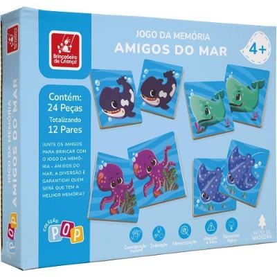 Jogo de Memória Amigos do Mar 24 Peças em Madeira Brincadeira de Criança