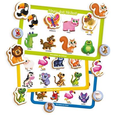 Jogo de Bingo Pre School Bichos 68 Peças em Madeira Brincadeira de Criança