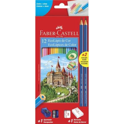Kit Lápis de Cor Faber-Castell Ecolápis Sextavado 12 Cores com Grafites e Apontador