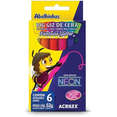 Giz de Cera Acrilex Big Gis Neon Gliter 52g 6 Cores Neon Glitter