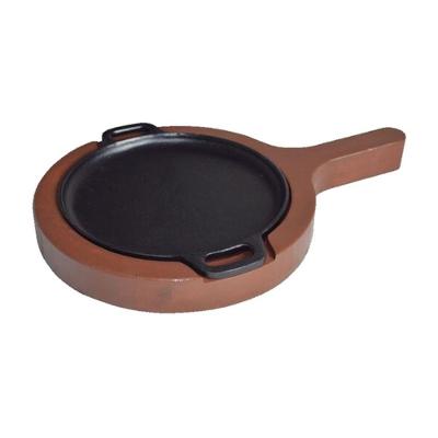 Chapa Bifeteira Ferro Fundido Redonda 20cm Suporte Madeira Preta Rig
