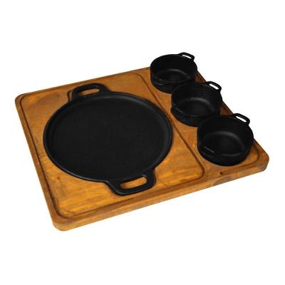 Bifeteira Redonda Ferro Fundido 20cm Suporte Madeira 3 Molheiras