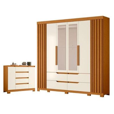 Guarda Roupa Casal Atena 6 Portas de Bater com Espelho e Cômoda Sapateira MDP Cinamomo Off White