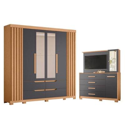 Guarda Roupa Casal com Cômoda Ilhabela 6 Portas de Bater com Espelho 8 Gavetas MDP Freijo Titanium