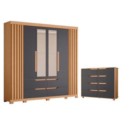 Guarda Roupa Casal Doble 6 Portas de Bater com Espelho e Cômoda 8 Gavetas Freijo Titanium Flex