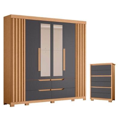 Guarda Roupa Casal com Cômoda Doble Unno 6 Portas de Bater 10 Gavetas Freijo Titanium