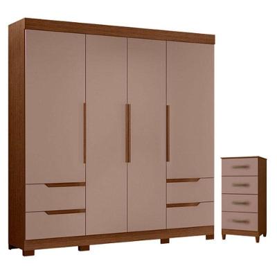 Kit Guarda Roupa Solteiro Cômoda Vivacce Mobi 4 Portas de Bater 4 Gavetas MDP Nogueira Capuccino