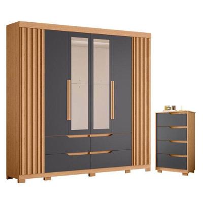 Guarda Roupa Casal Doble com Espelho 6 Portas e Cômoda Sole 4 Gavetas MDP Freijo Titanium