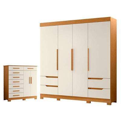 Guarda Roupa Solteiro e Cômoda Vivacce Verona 4 Portas 8 Gavetas MDP Cinamomo Off White