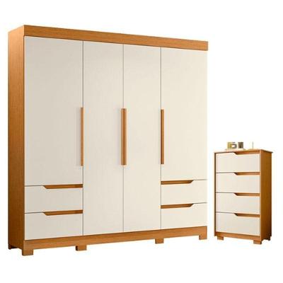 Kit Guarda Roupa Solteiro Vivacce Sole 4 Portas de Bater 4 Gavetas MDP Cinamomo Off White