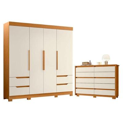 Kit Guarda Roupa Solteiro Vivacce Duetto 4 Portas de Bater 10 Gavetas MDP Cinamomo Off White