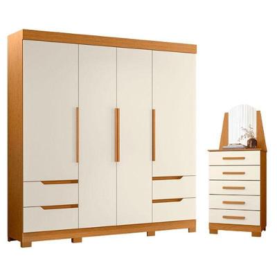 Kit Guarda Roupa Solteiro Vivacce 4 Portas Cômoda New Veneza MDP Cinamomo Off White