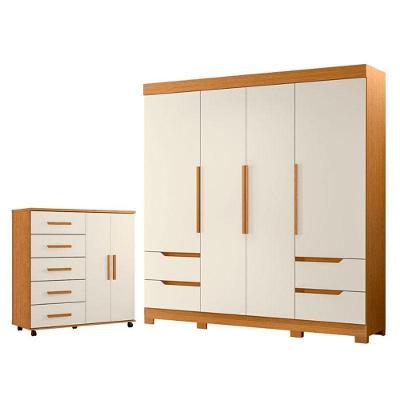Kit Guarda Roupa Solteiro Vivacce 4 Portas com Cômoda Toronto MDP Cinamomo Off White