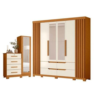 Guarda Roupa Casal com Espelho e Cômoda Belize Plus 6 Portas MDP Cinamomo Off White