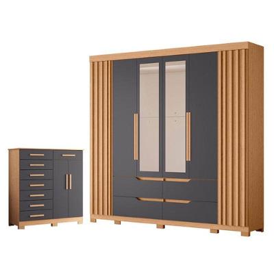 Guarda Roupa Casal com Cômoda Verona 6 Portas de Bater 8 Gavetas MDP Titânio Albatroz Móveis