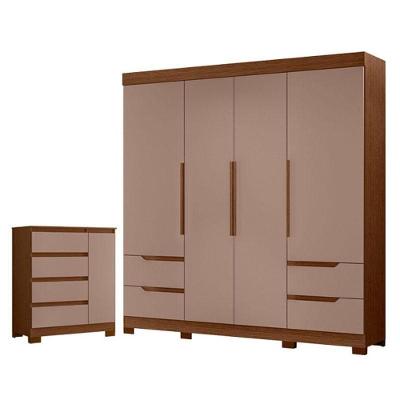 Kit Guarda Roupa Solteiro Vivacce 4 Portas de Bater 8 Gavetas Nogueira Capuccino
