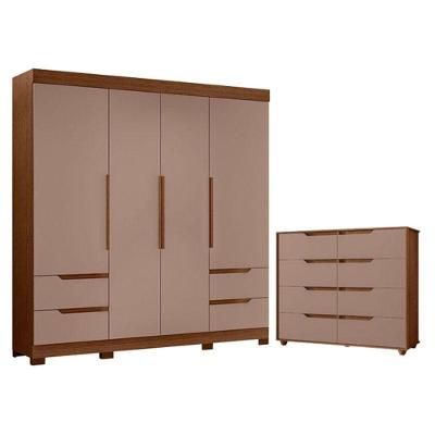 Kit Guarda Roupa e Cômoda Vivacce Doble Flex 4 Portas 8 Gavetas MDP Nogueira Capuccino