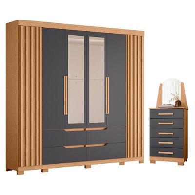 Guarda Roupa Casal com Cômoda New Veneza 6 Portas de Bater 5 Gavetas MDP Titânio Albatroz Móveis