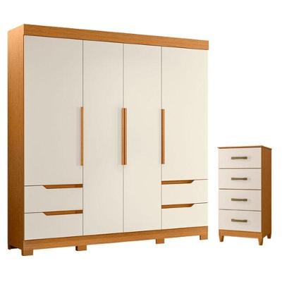 Guarda Roupa Solteiro com Cômoda Vivacce 4 Portas de Bater 4 Gavetas MDP Cinamomo Off White