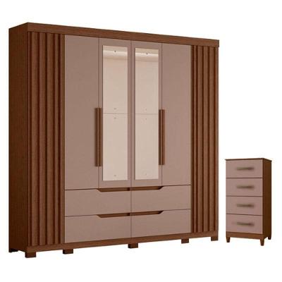 Guarda Roupa Casal Doble com Espelho 6 Portas e Cômoda 4 Gavetas MDP Nogueira Capuccino