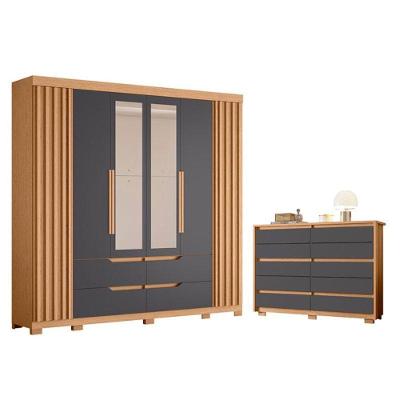 Guarda Roupa Casal Doble 6 Portas de Bater com Espelho e Cômoda 10 Gavetas MDP Freijo Titanium