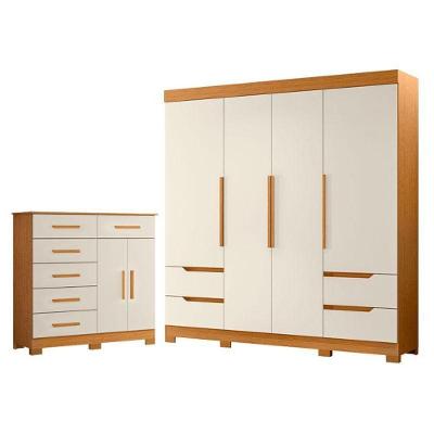 Kit Guarda Roupa Vivacce 4 Portas Cômoda Xangai 10 Gavetas MDP Off White Albatroz Móveis