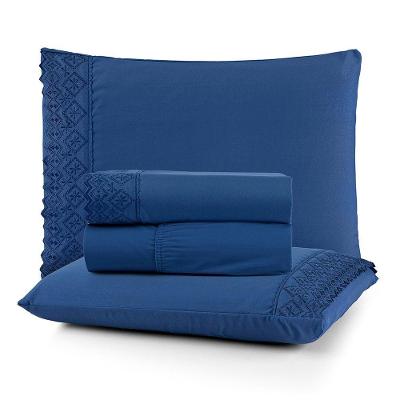 Jogo de Cama Queen 4 Peças Micropercal 200 Fios Bordado Inglês Azul