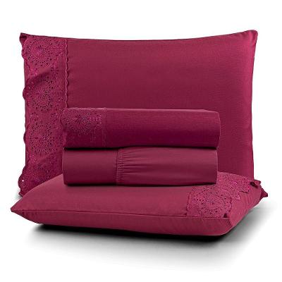 Jogo de Cama Queen 4 Peças Micropercal 200 Fios Bordado Inglês Bordô Lilly Home