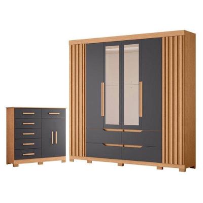 Guarda Roupa Casal com Cômoda Xangai 6 Portas de Bater 6 Gavetas MDP Freijo Titanium