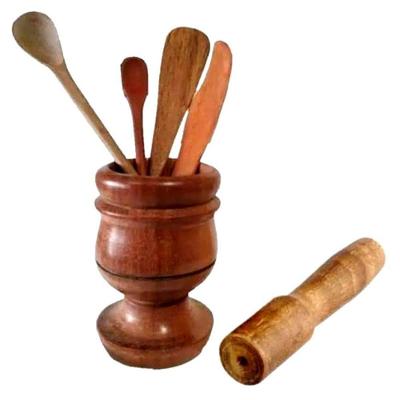 Kit Culinário de Madeira Pilão Socador Espátula Faquinha Amadeirado Colher de Pau