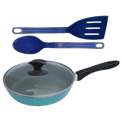 Frigideira Azul Cerâmica Alumínio 24cm Tampa Vidro Temperado Javali