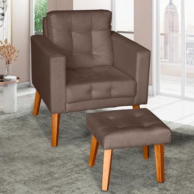 Poltrona com Puff Glamour Dubai Suede Pés em Madeira Marrom SMF Decor