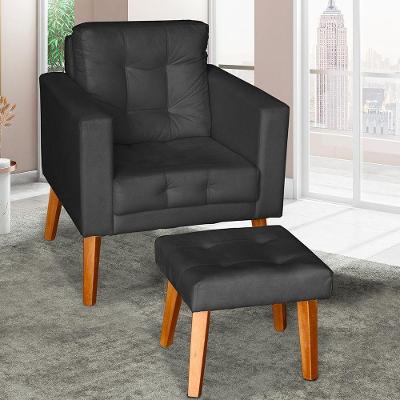 Poltrona com Puff Glamour Dubai Suede Pés Madeira Preto SMF Decor