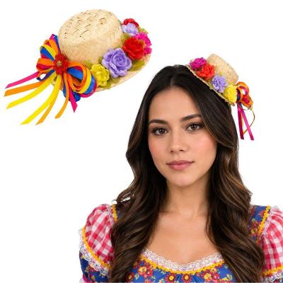 Mini Chapéu de Palha com Flores e Fitas Junina com Presilha Extra Festas