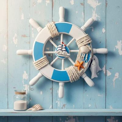 Decoração Náutica Timão Marítimo de Parede Azul e Branco 22,5cm Dantas