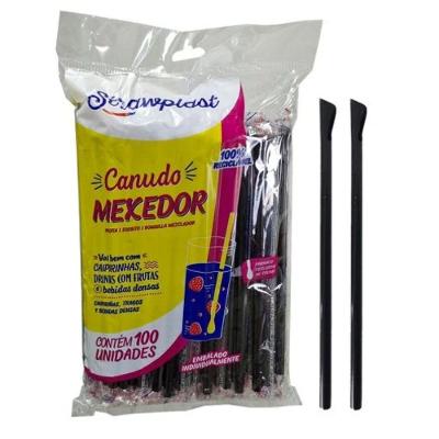 Canudo Mexedor de Bebidas em Sachê 100 Unidades Plástico Preto Strawplast