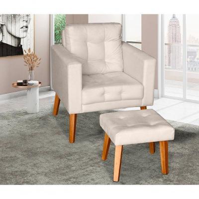 Poltrona com Puff Glamour Dubai Suede Pés em Madeira Bege SMF Decor