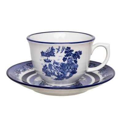 Kit 2 Xícaras Com Pires Flamingo Blue Willow Oxford® Porcelana 240ml