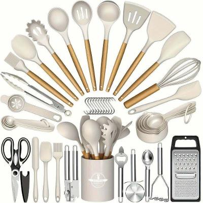 Kit 44 Utensílios de Cozinha Silicone e Madeira Antiaderente Caramelo Elashopp