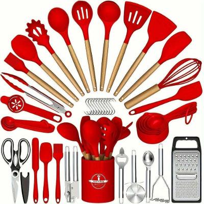Kit 44 Utensílios de Cozinha Silicone e Madeira Antiaderente Vermelho Elashopp