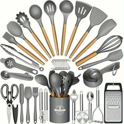 Kit 44 Utensílios de Cozinha Silicone e Madeira Antiaderente Cinza Elashopp